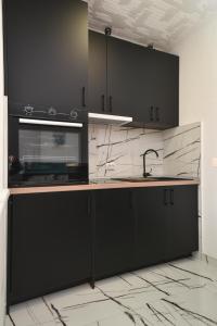 una cocina con armarios negros y fregadero en Sobe Zimmer Rooms 2, en Bileća