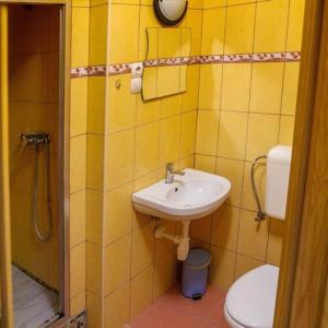 La salle de bains est pourvue d'un lavabo et de toilettes. dans l'établissement Biró apartmanház Sármellék, à Sármellék
