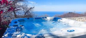 eine Whirlpool-Badewanne mit dem Ozean im Hintergrund in der Unterkunft A Dream Deferred villa Pelion in Kissos