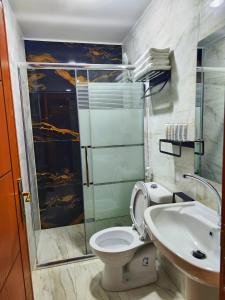 a bathroom with a shower and a toilet and a sink at Rakan ApartHotel and Luxury Rooms in Wadi Musa