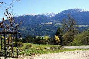 a view of a valley with mountains in the background at Holzblockhaus auf zwei Etagen mit Whirlbadewanne und Kaminofen in Berg im Drautal