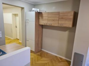a kitchen with a white refrigerator and a wooden cabinet at GardenLoft no1 in Vienna