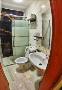 a bathroom with a toilet and a sink at Rakan ApartHotel and Luxury Rooms in Wadi Musa