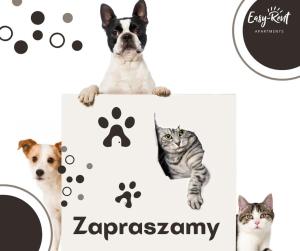 a dog and a cat holding a sign with paw prints at Grunwaldzka 12 B22 - Easy-Rent Apartments - 50m od plaży in Pobierowo