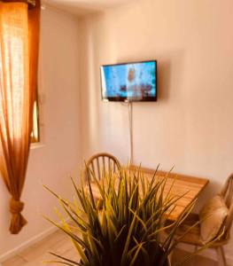 サントロペにあるMy homeのダイニングルーム(鉢植えの植物付)、テレビが備わります。