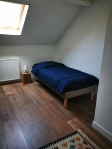 - une chambre avec un lit doté de draps bleus et d'une fenêtre dans l'établissement Au bord de Seille, à Nevy-sur-Seille