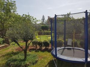een lege trampoline in een tuin met een boom bij Ferienhaus in Rakalj mit Grill, Garten und Terrasse in Rakalj