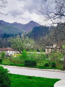 una carretera con césped verde y montañas al fondo en Luxury apartment, en Teteven