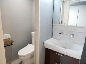 La salle de bains est pourvue de toilettes, d'un lavabo et d'un miroir. dans l'établissement HOOD - Vacation STAY 19649v, à Amami