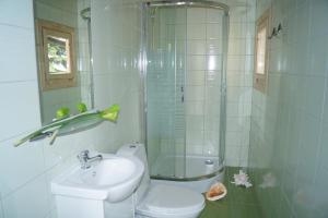 y baño con aseo, lavabo y ducha. en Ferienhaus Onyx en Mielno