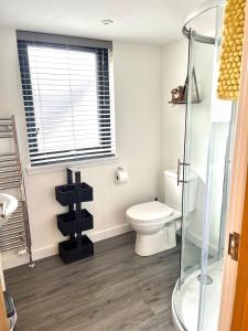 a bathroom with a toilet and a glass shower at Brohar Annexe in Inverness