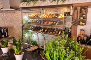 a kitchen with a counter with plants in it at Casa mobiliada para periodo TECNOSHOW in Rio Verde