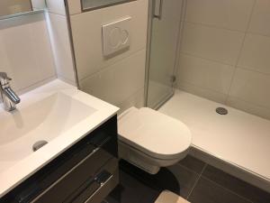 ein kleines Bad mit WC und Waschbecken in der Unterkunft Luxusfewo mit IR-Wärmekabine und Boxspringbett für Zwei in Goslar
