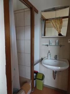 ein Bad mit einem Waschbecken und einem Spiegel in der Unterkunft Kleines Ferienhaus im Garten- Haus Holzheimer mit dem einzigartigen Blick über Bad Kissingen bis zur Rhön in Bad Kissingen