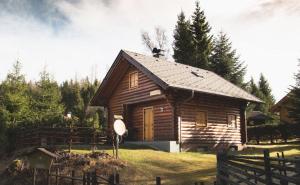 a small wooden cabin in the middle of a field at Ferienhaus Stoakoglhütte in Klippitztörl in Klippitztorl