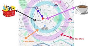 um mapa com uma chávena de café ao lado em Popular 1BR Apartment Close to Queens Park TUBE with SUPER FAST INTERNET em Londres