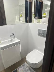a white bathroom with a toilet and a sink at Blisko Neptuna in Gdańsk