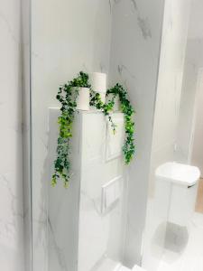 Apartman No. 3 في زغرب: حمام ابيض مع مرحاض ونبتة خضراء
