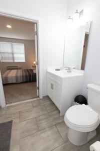 La salle de bains est pourvue de toilettes, d'un lavabo et d'un miroir. dans l'établissement Quaint Two-Bedroom Abode mins to NYC, à Jersey City