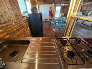 a kitchen with a stove and a sink in a cabin at Casa Coral in Mayapo