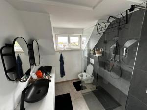 ein Bad mit einer Dusche, einem Waschbecken und einem WC in der Unterkunft Labis Room 2“ in Salzburg