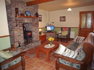 een woonkamer met een open haard en een bank en stoelen bij Sheans Holiday Cottage Killarney by Trident Holiday Homes in Killarney