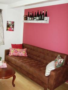 a brown couch in a room with a pink wall at Ferienwohnung für 2 Personen ca 60 qm in Obernzell, Bayern Bayerischer Wald in Obernzell