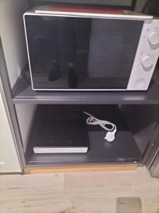 a microwave sitting on a shelf with a wii controller at Sea Breeze cabin in Donegal