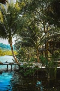 a pool of water with palm trees and a dock at Thansur Tatai Eco Resort in Tatai
