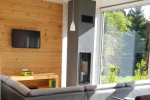 a living room with a couch and a tv on a wall at Nettes Ferienhaus in Ruhla mit Garten, Grill und Sauna in Ruhla