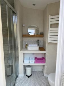 ein Badezimmer mit Dusche, Waschbecken und Toilette in der Unterkunft Maison de vacances hyper centre, plage à pied - Etables sur Mer in Étables + 14 Fotos