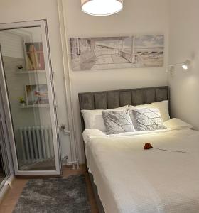 a bedroom with a bed with a large mirror at Apartment Fiore in Smederevo