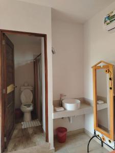 La salle de bains est pourvue de toilettes, d'un lavabo et d'un miroir. dans l'établissement BM Zihua Casa de Huéspedes, à Zihuatanejo