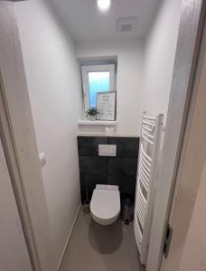 a small bathroom with a toilet and a window at Apartment ZOi in Šamorín +21 photos