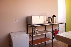 Un four micro-ondes est installé sur une étagère à côté d'un réfrigérateur. dans l'établissement 2 de Mayo Apartamento 2do piso, à Tacna