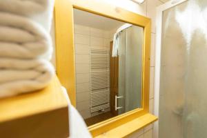 a mirror in a bathroom with a towel at Pr'Finzgar in Brezje