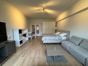 ein Wohnzimmer mit einem Sofa und einem Bett in der Unterkunft Studio Winston Churchill in Brüssel
