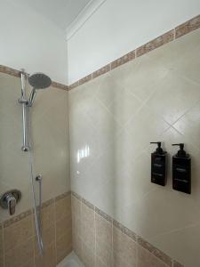 a bathroom with a shower with two soap dispensers at Liparulo Holiday House in Massa Lubrense