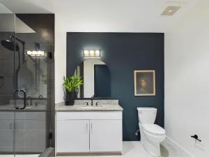 a bathroom with a toilet and a sink and a mirror at Fox Hollow - 2 New Homes - Downtown Views in Nashville