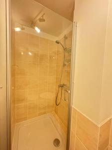 La salle de bains est pourvue d'une douche avec une porte en verre. dans l'établissement Cozy Wohnung in Meerbusch, à Meerbusch