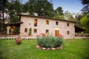 una grande casa in pietra con un cortile con una pianta di Ferienhaus mit Privatpool für 2 Personen ca 70 qm in Poppi, Toskana Provinz Arezzo a Poppi
