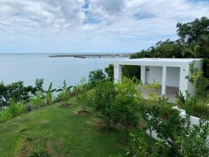 una casa blanca en una colina junto al océano en Villa con piscina en frente al mar con servicios en San Carlos