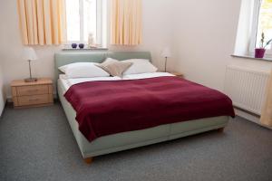 1 dormitorio con 1 cama grande con manta morada en Moderne Ferienwohnung in zentraler aber ruhiger Lage, in der Nähe des Szeneviertels Dresden-Neustadt en Dresden