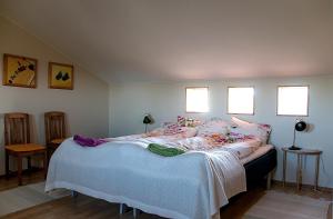 Tandsbyn的住宿－Långänge Bed & Breakfast，卧室内的一张床位,设有两个窗户