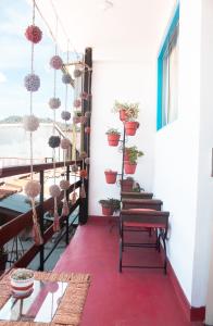 uma varanda com vasos de plantas e um banco em Hotel Andean Host Inn em Cusco