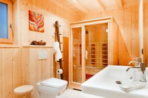a bathroom with a shower and a toilet and a sink at Chalet PINO in Tret