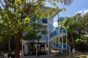 een wit huis met blauwe trappen en bomen bij Tulixx Cayman Villa 
