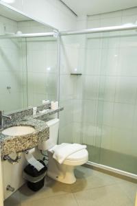ein Bad mit einem WC, einem Waschbecken und einer Dusche in der Unterkunft Minuano Hotel Home próximo ao aeroporto in Porto Alegre