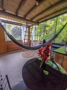 Suíte com cachoeira no quintal的阳台或露台