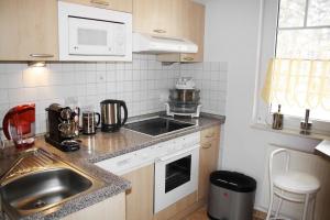 a small kitchen with a sink and a stove at Ferienwohnung für 3 Personen in Bad Saarow, Berlin in Bad Saarow